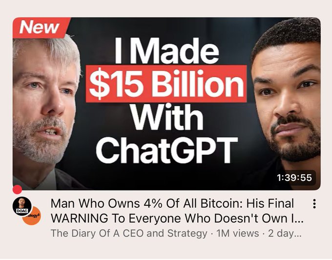 A YouTube thumbnail from "The Diary Of A CEO" titled "I Made $15 Billion With ChatGPT" featuring Michael Saylor, with a related post noting that Strategy (MicroStrategy) sold 1,691 BTC last week while increasing its USD reserves by $650M.