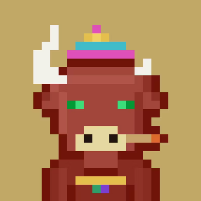 Pixel art illustration of a brown bull character wearing a colorful party hat, smoking a cigar, with green eyes against a tan background.