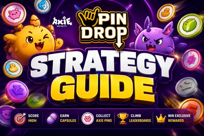 A vibrant purple graphic titled 'PIN DROP STRATEGY GUIDE' for 'AXIE INFINITY', showing two cartoon creatures and highlighting features like 'SCORE HIGH', 'EARN CAPSULES', and 'COLLECT AXIE PINS'.