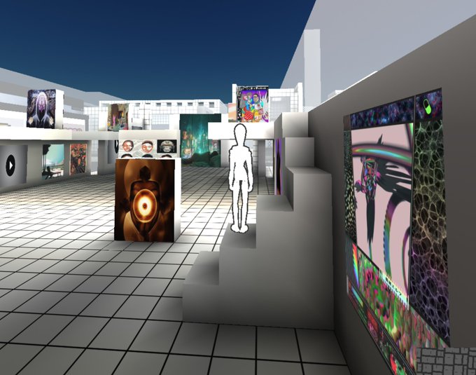 A 3D virtual art gallery displays various digital artworks on white walls, with a humanoid avatar figure standing among the exhibits.