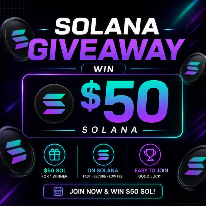 Promotional graphic for a 'SOLANA GIVEAWAY' offering a chance to win $50 SOL, highlighting that it's 'FAST • SECURE • LOW FEE' and 'EASY TO JOIN' with a 'JOIN NOW & WIN $50 SOL!' call-to-action.