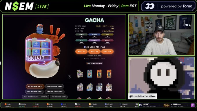 The image shows a live stream titled "N$EM LIVE" featuring a gacha-style interface with "GACHA" at the top, displaying "NKUJI" tokens and a 20 USD0 per pull pricing, with options for 1, 5, or 10 pulls. The streamer @tradefortendies is visible in the top right corner, while a pixelated character and the handle "@tradefortendies" appear in the bottom right, tying into the giveaway promotion of $250 worth of pulls on @BONKUJI_inu.