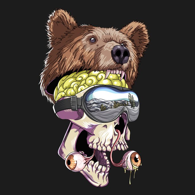 A stylized illustration shows a brown bear's head biting down on a skull wearing yellow ski goggles that reflect a snowy mountain scene, with detached eyeballs dripping from the skull's eye sockets—matching the curated, surreal aesthetic of NFT #10 from the @HashedSkulls collection. The piece exemplifies the project's emphasis on intricate, hand-illustrated detail and unconventional, macabre character design.