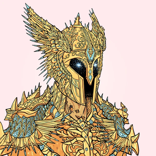A digital illustration of an ornate, golden armored warrior with wing-like headgear and a helmet featuring a starry, cosmic visor is shown. The image connects to the post by depicting a "behemoth" figure, referencing a massive 7,000 SOL DeGod NFT sale and its grand, mythical scale.
