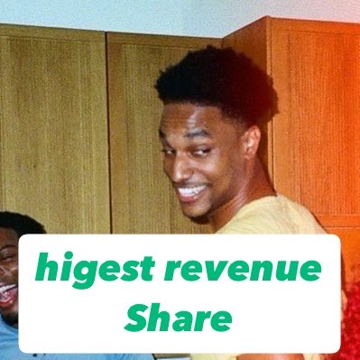 A photograph of a smiling young man in a yellow shirt with text overlay reading 'higest revenue Share' (note the misspelling of 'highest').