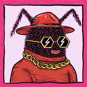 A stylized illustration shows a bug-like character with antennae, wearing a red wide-brimmed hat, gold chain, and yellow lightning bolt-shaped sunglasses, set against a pink border. The image appears to be a "buggified" reinterpretation of original artwork from @goodvibesclub, created as a profile picture (pfp) for @nftgothsa.