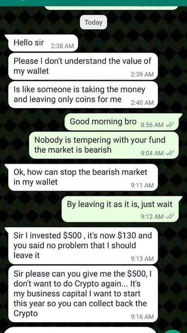 A WhatsApp conversation where a panicked user asks for help as their $500 crypto investment dropped to $130, while the advisor reassures them about a "bearish market." This relates to the post as a humorous highlight of investor frustration during a crypto bear market, capturing the classic experience of watching portfolios plummet in value.