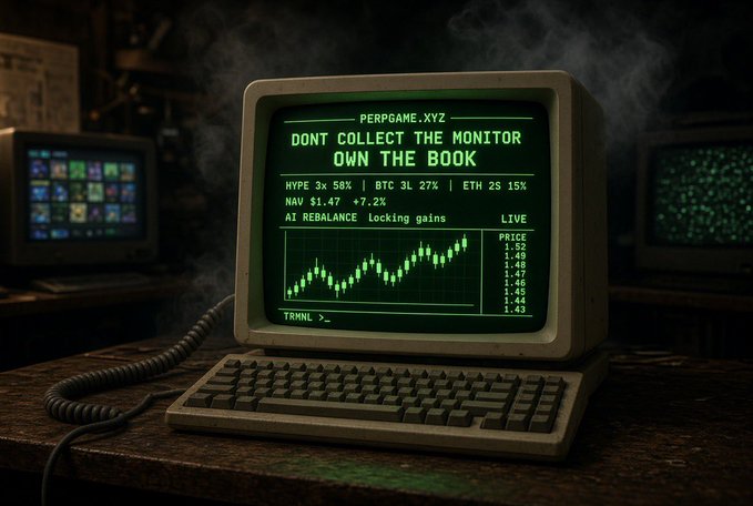 A vintage green monochrome computer monitor on a wooden desk displays 'PERPGAME.XYZ', 'DONT COLLECT THE MONITOR OWN THE BOOK', cryptocurrency prices (HYPE, BTC, ETH, NAV), and a candlestick chart labeled 'AI REBALANCE LOCKING GAINS'.