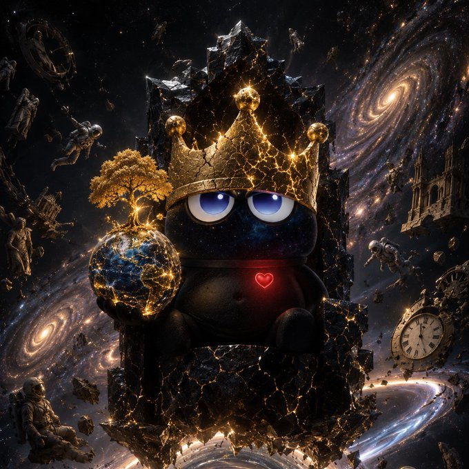 A surreal digital artwork depicts a black, round character with blue eyes wearing a glowing golden crown, sitting on a dark throne and holding a miniature Earth with a golden tree growing from it, set against a cosmic background of swirling galaxies and floating figures.