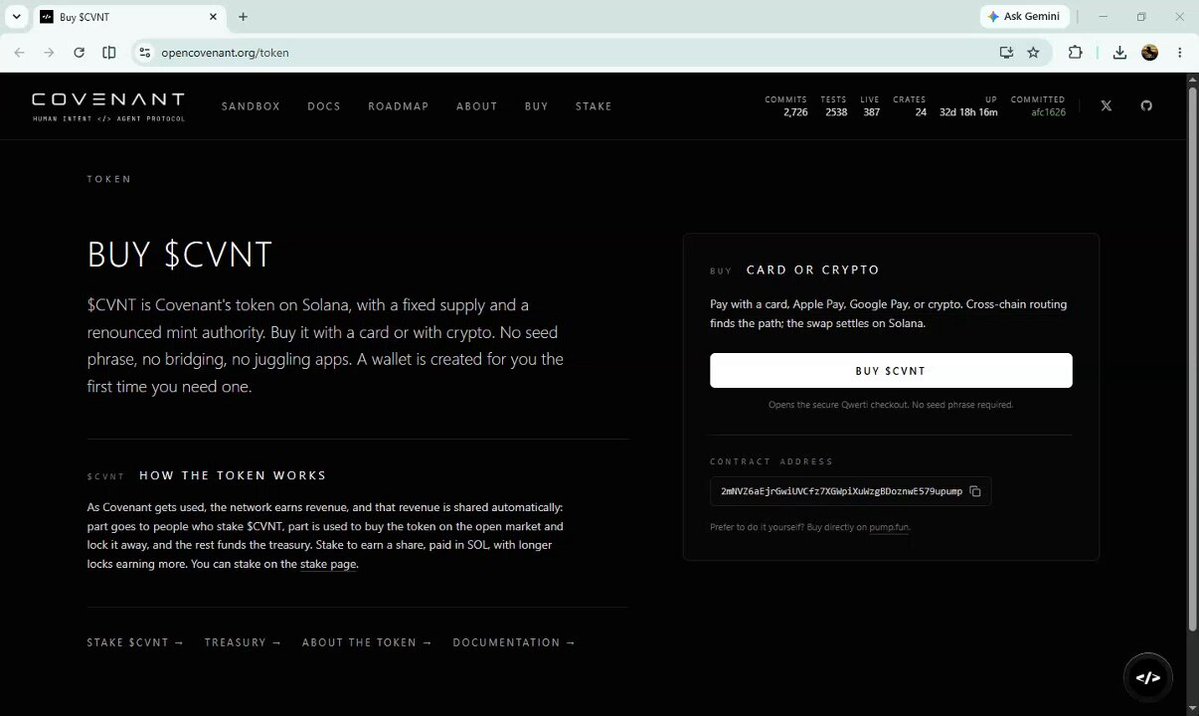 The image shows a webpage for a company called "Covenant" that sells scented candles. The website has a black background with white text, making it easy to read. There are several buttons on the page, including one labeled "Buy $CVNT", which is likely where users can purchase the candle. The post about buying the candle from this website emphasizes how seamless and straightforward the process is, as there's no need to jump between multiple apps or chains. This makes it convenient for users to access the product directly on the Covenant token page.