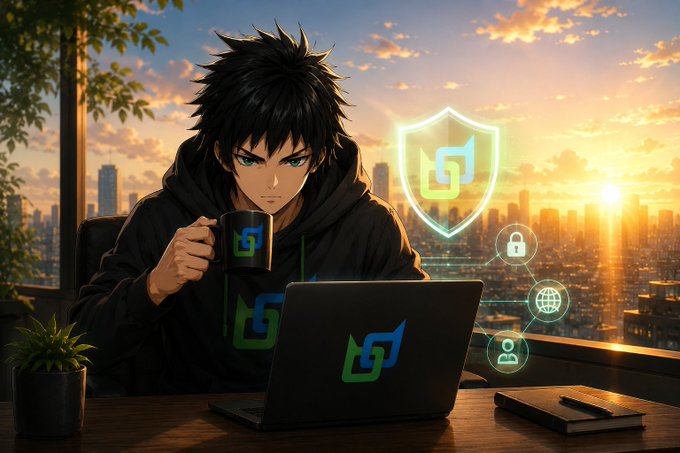 An anime-style illustration of a dark-haired character drinking from a mug with a 'G' logo, sitting in front of a laptop displaying the same logo against a cityscape at sunset.