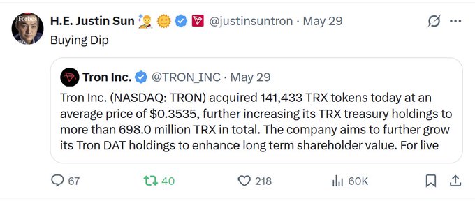 The image features a Twitter post that reads "Tron Inc. Continues Expanding Its TRX Treasury Tron Inc. has further strengthened its commitment to the TRON ecosystem by acquiring an additional 141,433 TRX". The post includes several elements such as a person's name and their Twitter account details, which are related to the post in some way. There is also a hashtag within the text: "Tron" refers to the trading platform used by Tron Inc., while "inc" represents its acquisition of NDAQ company. This shows that the post is about TRON Inc. further expanding its TRX Treasury.