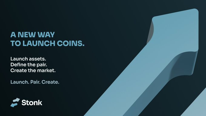 A promotional graphic for Stonk with the bold headline "A NEW WAY TO LAUNCH COINS" and tagline "Launch. Pair. Create." alongside a stylized blue ribbon design, advertising their Solana-powered platform that allows users to launch assets and pair them with any token.