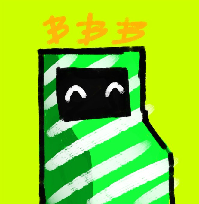 Digital drawing of a green Among Us character wrapped like a mummy on a neon yellow background, with 'BAYC' written in orange above it.