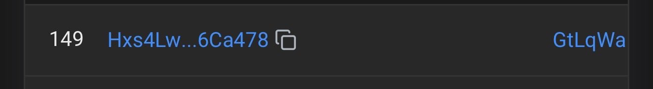 A screenshot displays a wallet ranking entry showing position 149 with the partial address "Hxs4Lw...6Ca478" alongside a copy icon, with the identifier "GtLqWa" appearing on the right, illustrating the user's claim of cracking the top 150 wallets for the "$buttcoin" token.