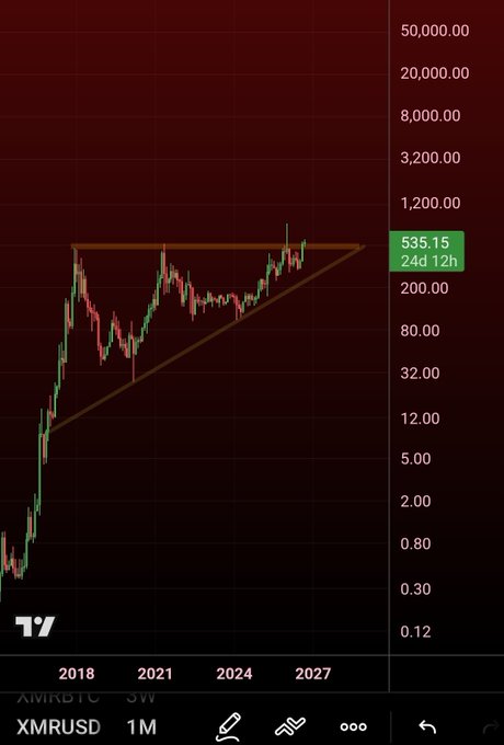 A logarithmic monthly candlestick chart of XMRUSD (Monero) shows the cryptocurrency forming a massive symmetrical triangle pattern since 2018, with the price currently testing the upper resistance near $535.15 and projected to break out into a multi-decade bull run toward $50,000.