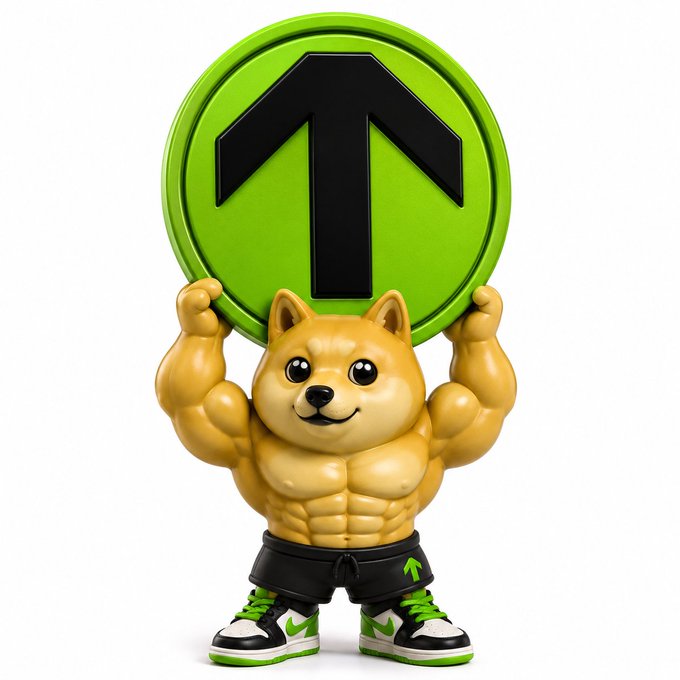 A 3D-rendered muscular Shiba Inu dog wearing black shorts and green-accented sneakers holds up a green coin with an upward-pointing arrow, resembling a crypto token mascot.