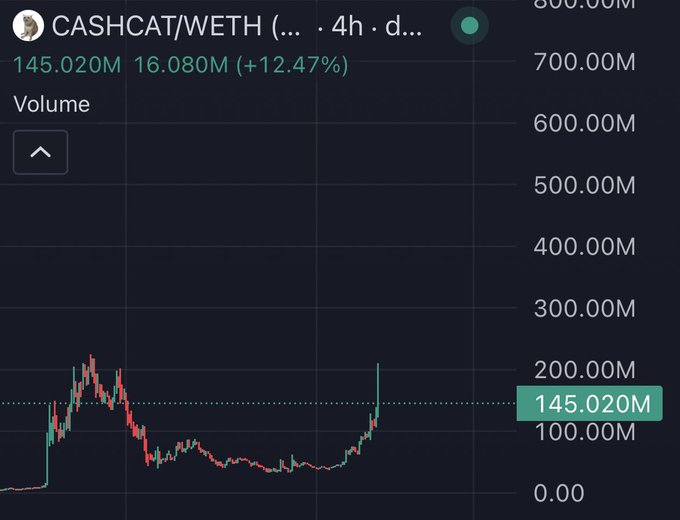 The image shows a candlestick chart of the CASHCAT/WETH trading pair with a 4-hour timeframe, displaying a recent volume spike to 145.020M (up 12.47% from 16.080M). The sharp uptick in trading volume visually supports the claim that CASHCAT has gained traction after being listed on Robinhood, fueling speculation about its next potential listing or price movement.
