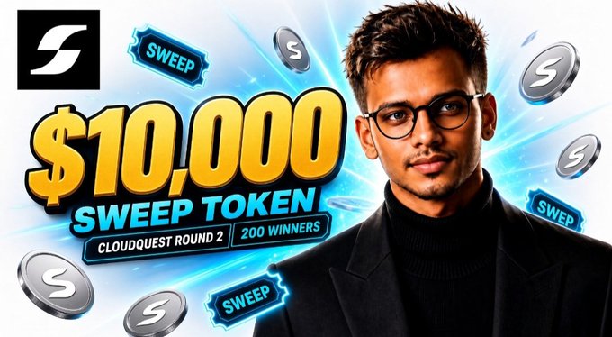 A promotional graphic for a 'SWEEP TOKEN' giveaway offering '$10,000' as part of 'CLOUDQUEST ROUND 2' with '200 WINNERS', featuring a young man in glasses surrounded by SWEEP token logos.