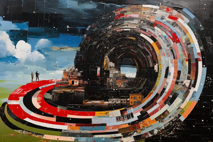 A surreal collage artwork featuring two small figures standing on a colorful, layered spiral structure that resembles a tunnel of newspaper clippings, set against a sky background.