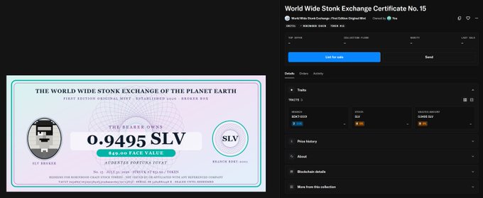 A digital display for "World Wide Stonk Exchange Certificate No. 15" showing ownership of "0.9495 SLV" tokens on the Polygon network, with a list price of $0.98.