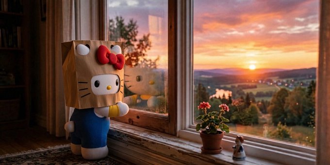 A Hello Kitty figurine with a paper bag over its head and red bow, sitting on a windowsill beside a potted geranium, looking out at a scenic sunset over hills and water.