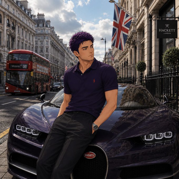 A stylized illustration of a man with purple hair wearing a navy polo shirt, leaning against a dark purple Bugatti sports car, set on a London street with a red double-decker bus labeled 'Victoria 38' and a British flag.