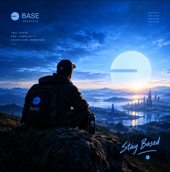 A promotional poster features a person wearing a backpack labeled 'BASE' looking out over a city skyline at sunset, with text reading 'BASE ADVOCATE,' 'TWO YEARS ONE COMMUNITY COUNTLESS MEMORIES,' 'BUILDERS CREATORS DREAMERS ONCHAIN,' and 'Stay Based.'