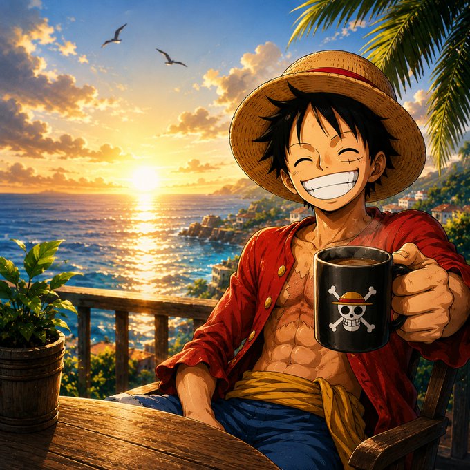 An anime-style illustration of Monkey D. Luffy from One Piece sitting on a wooden chair at sunset, smiling and holding a black mug with his iconic straw hat skull logo.