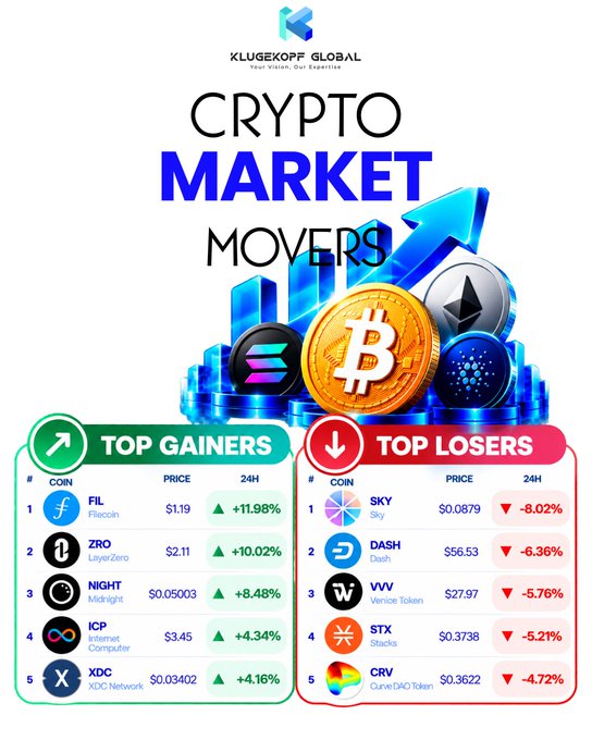 A 'KLUGEKOPF GLOBAL CRYPTO MARKET MOVERS' graphic listing top gainers like FIL and ZRO and top losers like SKY and DASH with their prices and 24-hour percentage changes.