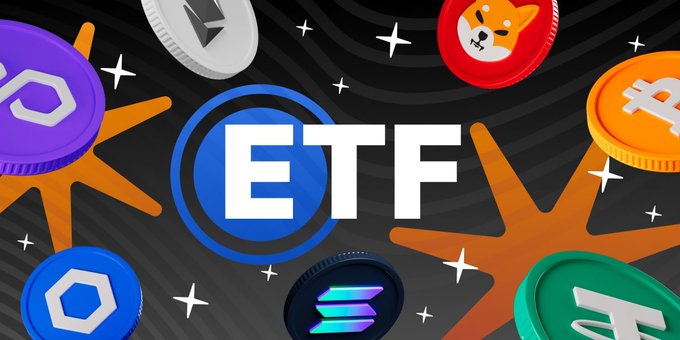 A graphic illustration centers on the letters 'ETF' within a blue circle, surrounded by various cryptocurrency coin icons including Shiba Inu, Litecoin, Polygon, and Solana against a stylized black and orange background.
