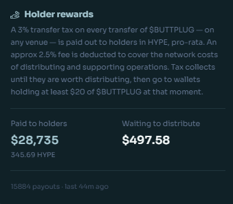 A digital dashboard showing 'Holder rewards' information for $BUTTPLUG on HYPE, detailing a 3% transfer tax, with $28,735 paid to holders and $497.58 waiting to distribute.