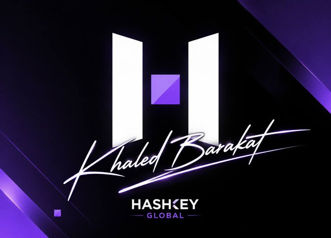 A sleek promotional graphic featuring a stylized white "H" logo with a purple square on a black background, accompanied by the name "Khaled Barakat" in white cursive script and the "HashKey Global" branding below. The image serves as a branded visual for a HashKey Global cryptocurrency platform advertisement promoting secure USDT-to-cash conversions in partnership with Standard Chartered Bank.