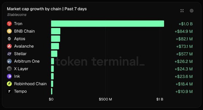 A Token Terminal chart titled "Market cap growth by chain | Past 7 days (Stablecoins)" shows TRON leading with +$1.0B in stablecoin market cap growth, dwarfing second-place BNB Chain at +$84.9M and other chains like Aptos (+$82.1M), Avalanche (+$73.1M), Stellar (+$57.7M), Arbitrum One (+$26.2M), X Layer (+$24.3M), Ink (+$23.6M), Robinhood Chain (+$18.4M), and Tempo (+$10.9M). The data visually supports the post's claim that TRON is dominating USDT market momentum, adding roughly 10x more stablecoin market cap than its closest competitor over the past week.