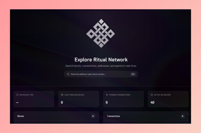 Screenshot of the 'Explore Ritual Network' blockchain explorer dashboard showing search functionality and metrics including AVG BLOCK TIME, LAST FINALIZED BLOCK (0), PENDING TRANSACTIONS (0), and ACTIVE VALIDATORS (40).