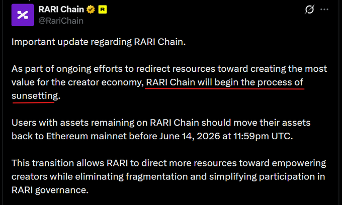 The image shows a screenshot of an email from Rari Chain addressed to users. It discusses the process called "Sunsetting" with a focus on a specific stake, and provides instructions on how to manage their assets during this phase. The email's message encourages users not to wait until June 14th, 2026 or after to do any action involving Rari Chain. In addition, it mentions that if someone still has funds in their account before the listed date, they should consider either withdrawing or bridging their assets.