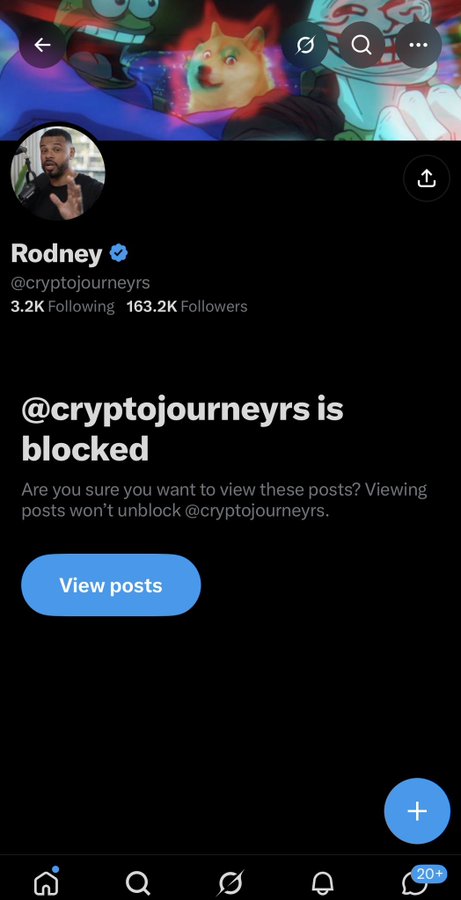 A screenshot of a Twitter/X profile page for 'Rodney @cryptojourneyrs' showing '163.2K Followers' with a message stating '@cryptojourneyrs is blocked' and a 'View posts' button.