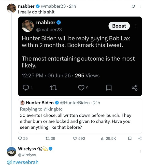 A tweet from @mabber23 states 'Hunter Biden will be reply guying Bob Lax within 2 months. Bookmark this tweet. The most entertaining outcome is the most likely,' quoting a tweet from Hunter Biden about events and charity.