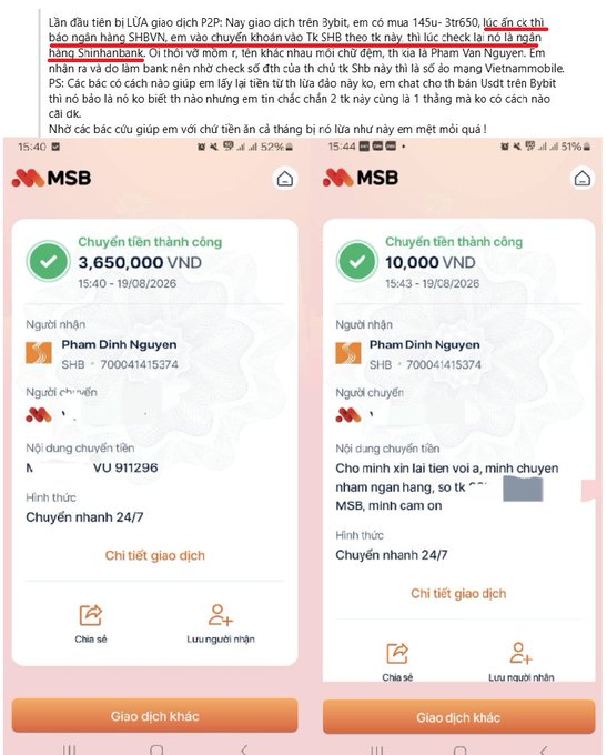 Vietnamese-language screenshots showing two MSB bank transfer confirmations of 3,650,000 VND and 10,000 VND to Pham Dinh Nguyen, with a scam warning at the top.