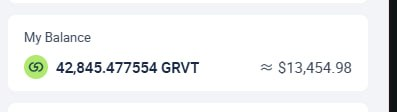 A digital wallet interface displays 'My Balance' showing 42,845.477554 GRVT tokens with an approximate USD value of $13,454.98.