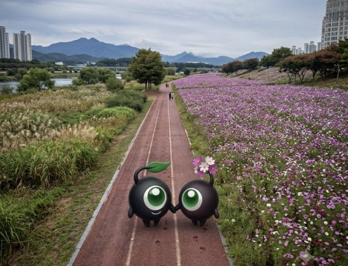 Two animated black round characters with large green eyes stand on a red running path, one holding a flower, with a river, mountains, and a field of purple cosmos flowers in the background.