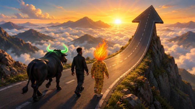 A surreal digital artwork showing a black bull with glowing green horns, a person in dark clothes, and a figure with a flaming head walking along an arrow-shaped road ascending into the clouds toward a sunset.