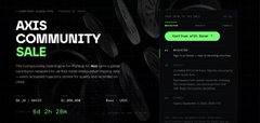The image displays a promotional webpage for an "AXIS COMMUNITY SALE," featuring a countdown timer showing 5d 2h 20m remaining and a "Purchase AXIS Token" button, which relates to the post about Axis Robotics addressing data bottlenecks in physical AI through Web3 technology.