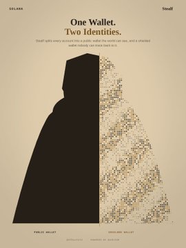 An advertisement for Stealthi wallet featuring the headline 'One Wallet. Two Identities.' with an illustration of a hooded figure split into a solid black 'PUBLIC WALLET' half and a pixelated mosaic 'STEALTH WALLET' half.