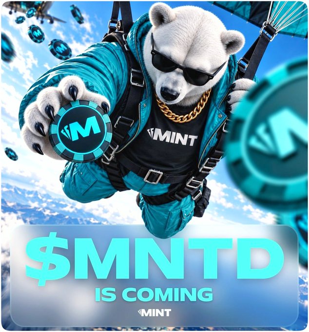 A promotional graphic showing a polar bear in a teal jacket and sunglasses skydiving while holding an 'M' coin, with the text '$MNTD IS COMING' and 'MINT' below.