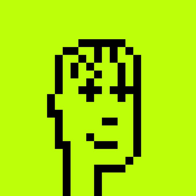A pixel art image on a yellow-green background depicting a stylized skull or face made of black blocks.
