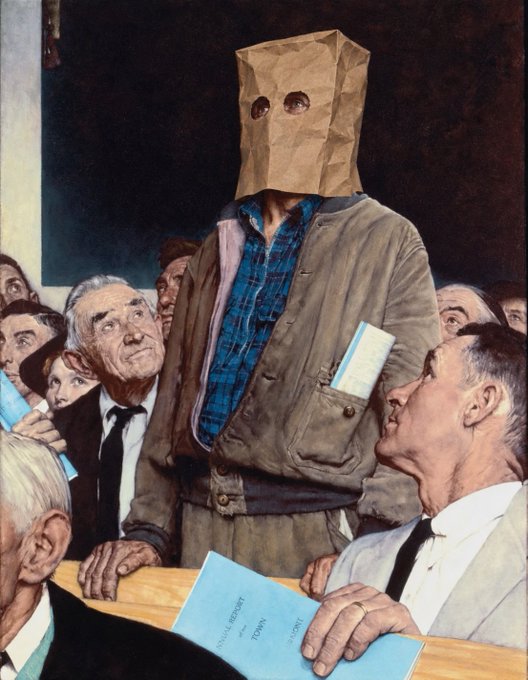 A Norman Rockwell-style painting depicts a man wearing a brown paper bag over his head standing among seated townspeople holding a blue New England Town Meeting report booklet.