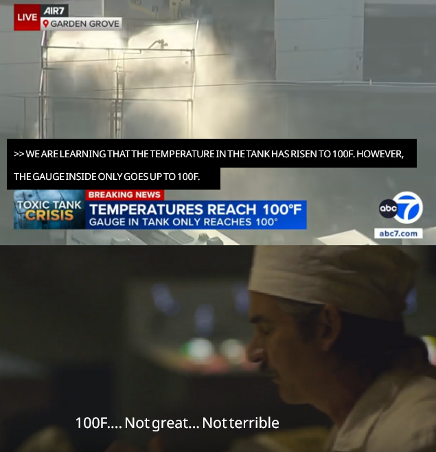 The image is a screenshot of two news posts related to temperature changes. One post, set against the backdrop of a chef's hat and kitchen countertop with an oven, announces that the temperature inside the tank has risen to 100F. This might suggest a situation in which the chef or the cook might be cooking at high temperatures. The second post shows a chart with various temperature ranges (low, moderate, hot) alongside a thermometer reading, possibly indicating another temperature-related issue within the same kitchen area.