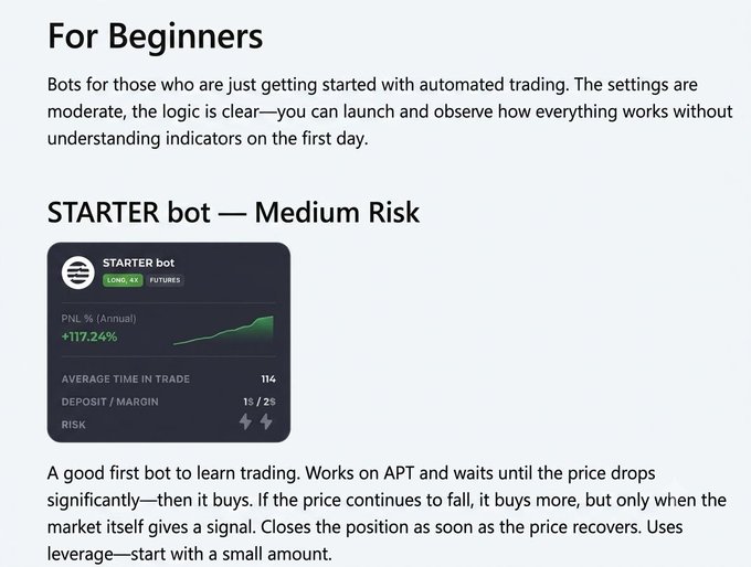 A product description page for the 'STARTER bot — Medium Risk' trading bot, showing a +117.24% annual PNL and explaining its function for beginners.
