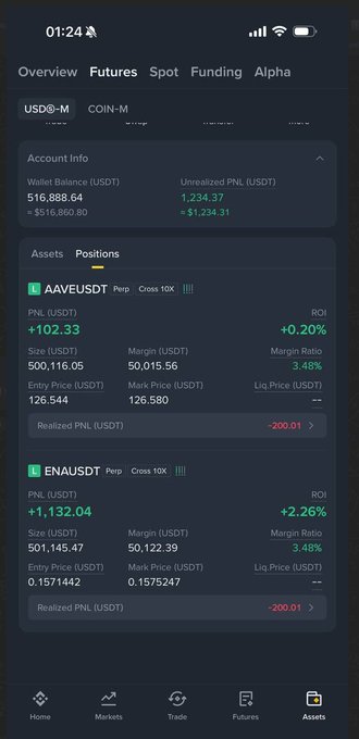 A mobile screenshot of a crypto trading app showing account info with a wallet balance of $516,888.64 USDT and open perpetual positions in AAVUSDT and ENAUSDT.